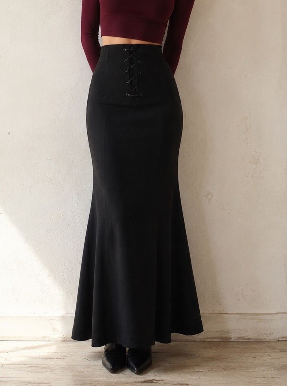 VTG Y2K Newport News Black Corset Lace Up Mermaid Maxi Skirt 4 Romantic Goth